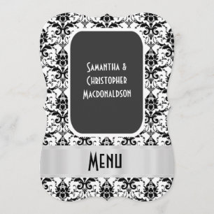 Black and white damask formal wedding menu