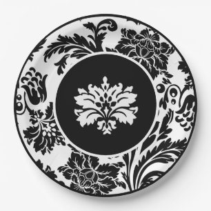 Black and white damask formal wedding paper plate