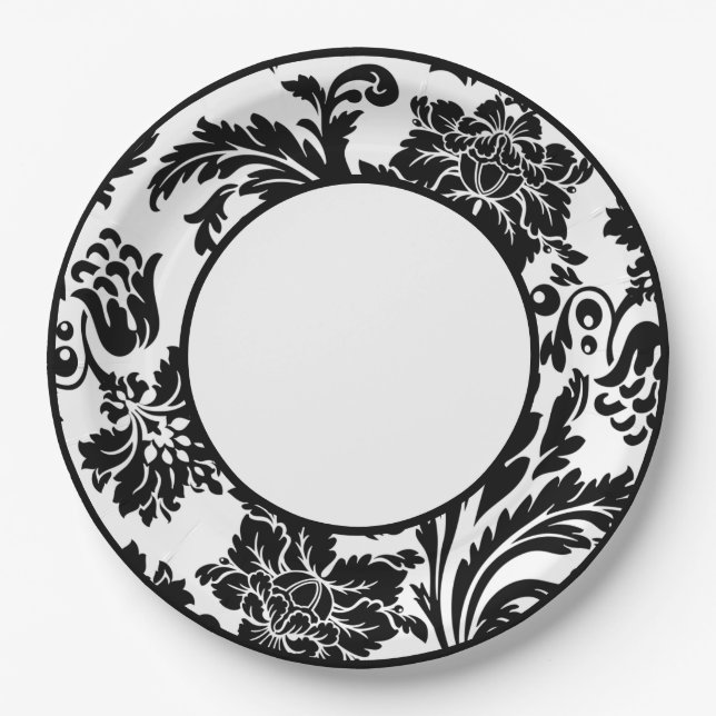 Black and white damask formal wedding paper plate (Front)