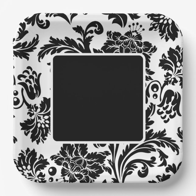 Black and white damask formal wedding paper plate (Front)
