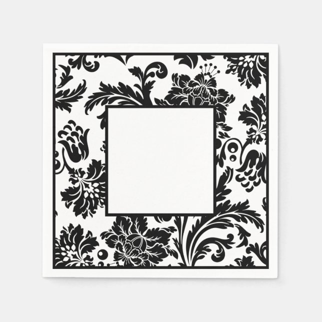 Black and white damask formal wedding paper plate napkin (Front)