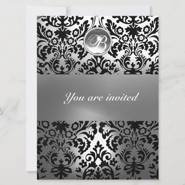 BLACK AND WHITE DAMASK GEM STONE MONOGRAM INVITATION (Front)
