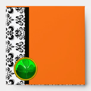 BLACK AND WHITE DAMASK ,GREEN SHAMROCK Orange Envelopes