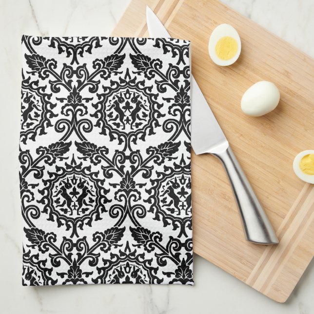 Black and White Damask Hare Pattern  Tea Towel (Quarter Fold)