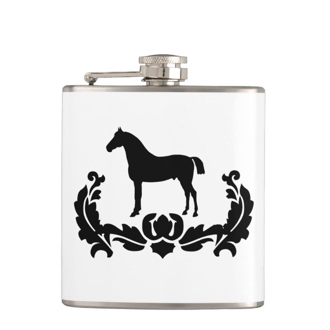 Black and White Damask Horse Hip Flask (Front)