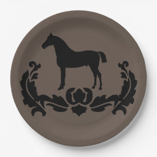 Black and White Damask Horse Paper Plate