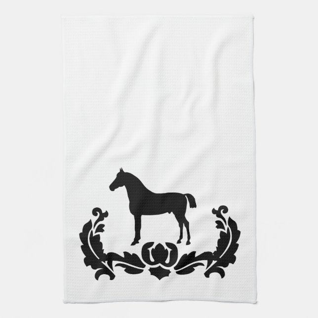 Black and White Damask Horse Tea Towel (Vertical)