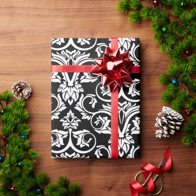 Black and White Damask Large Pattern Print Wrapping Paper (Holiday Gift)