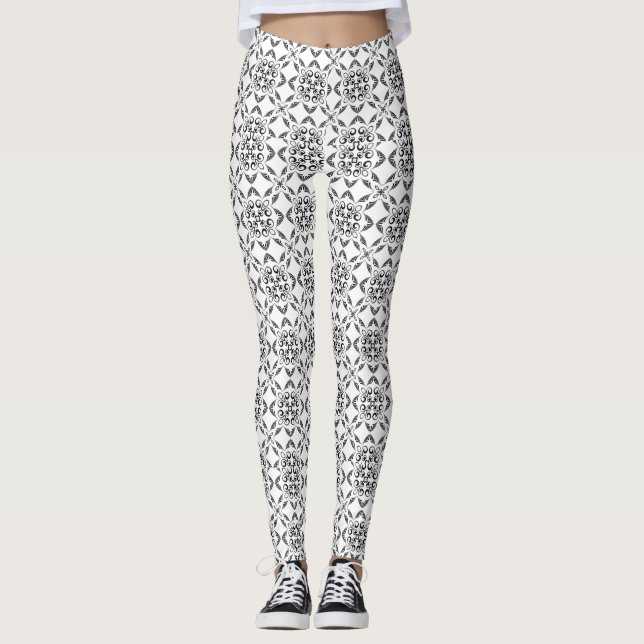 Black And White Damask Leggings (Front)
