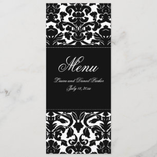 Black and White Damask Linen Wedding Menu Card