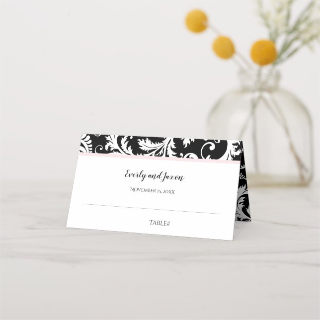 Black and White Damask Millennial Pink Wedding Place Card (Back)
