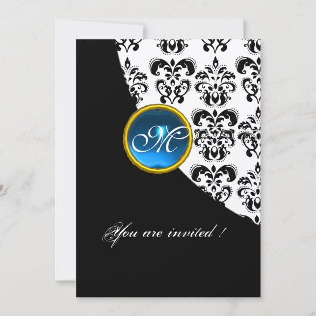 BLACK AND WHITE DAMASK MONOGRAM,blue sapphire gold Invitation (Front)
