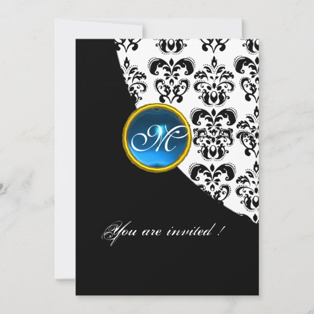 BLACK AND WHITE DAMASK MONOGRAM,blue sapphire Invitation (Front)