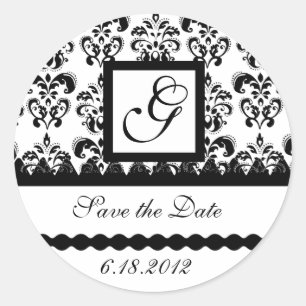 BLACK AND WHITE DAMASK MONOGRAM CLASSIC ROUND STICKER