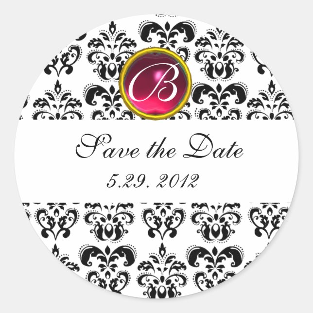 BLACK AND WHITE DAMASK MONOGRAM ,red ruby Classic Round Sticker (Front)