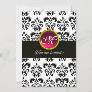 BLACK AND WHITE DAMASK MONOGRAM,red ruby ,fuchsia Invitation