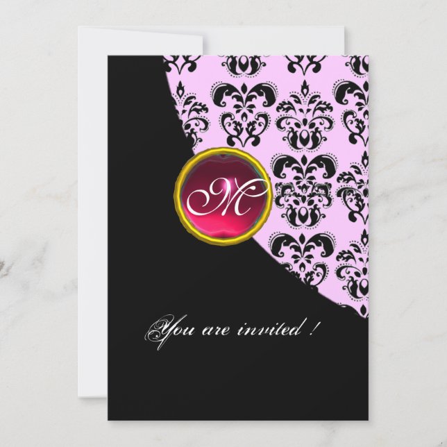 BLACK AND WHITE DAMASK MONOGRAM,red ruby,fuchsia Invitation (Front)