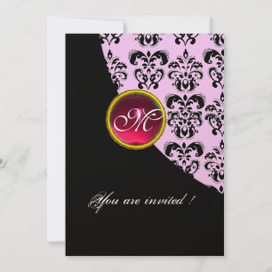 BLACK AND WHITE DAMASK MONOGRAM,red ruby,fuchsia Invitation