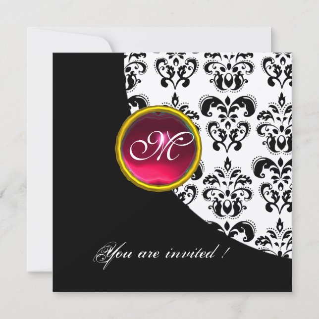 BLACK AND WHITE DAMASK MONOGRAM,red ruby,gold Invitation (Front)