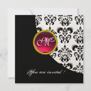 BLACK AND WHITE DAMASK MONOGRAM,red ruby,gold Invitation