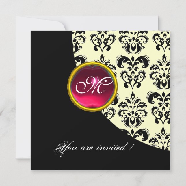 BLACK AND WHITE DAMASK MONOGRAM,red ruby,gold Invitation (Front)