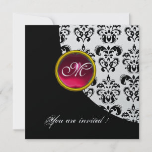BLACK AND WHITE DAMASK MONOGRAM,red ruby,silver Invitation