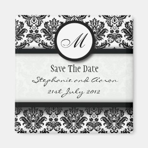 Black and White Damask Monogram Save The Date Magnet