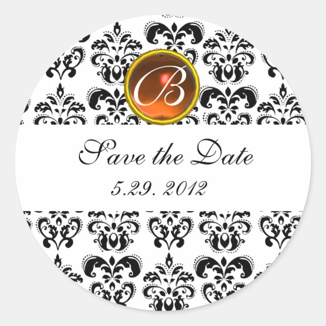 BLACK AND WHITE DAMASK MONOGRAM yellow agate Classic Round Sticker (Front)