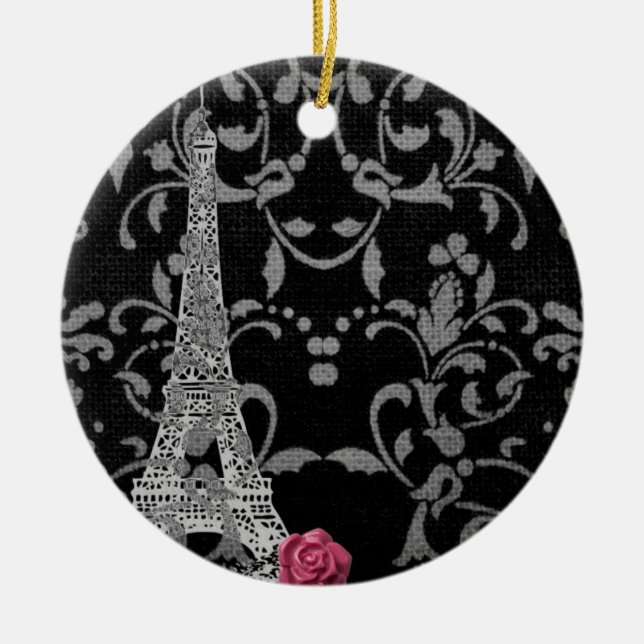 Black and White Damask Parisian Design Ceramic Tree Decoration (Front)