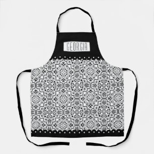 Black and white damask pattern and name apron