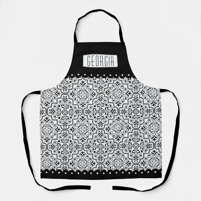 Black and white damask pattern and name apron (Front)