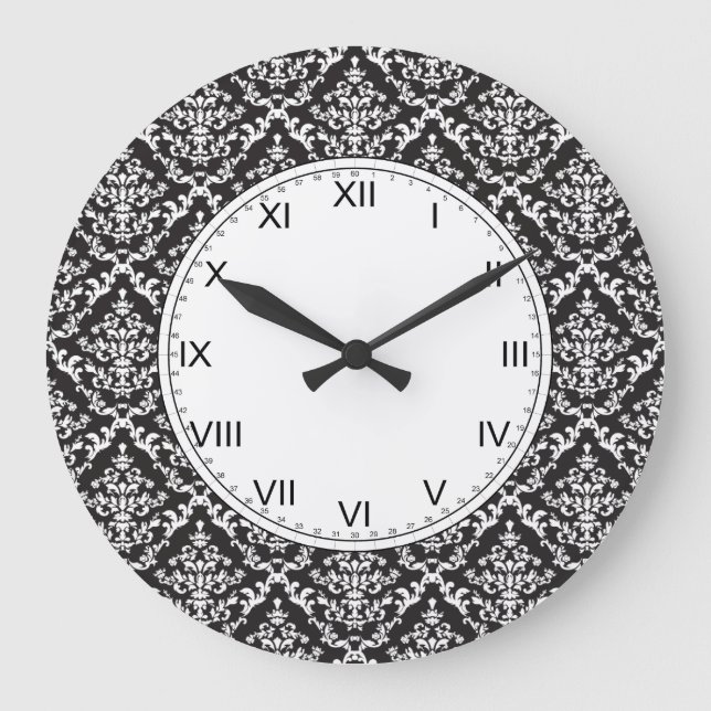Black and White Damask Pattern Large Clock (Front)