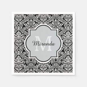 Black and White Damask Pattern Monogram and Name Napkin