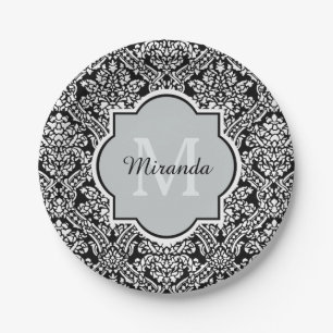 Black and White Damask Pattern Monogram and Name Paper Plate