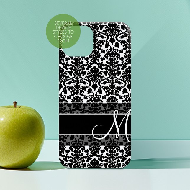 Black and White Damask Pattern Script Monogram iPhone 16 Case (Personalized Phone Case with Custom Monogram)