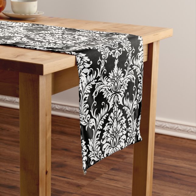 Black and White Damask Pattern Short Table Runner (In Situ)