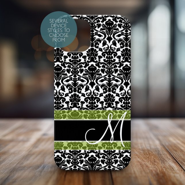 Black and White Damask Pattern with Monogram Case-Mate iPhone Case (Personalized Phone Case with Monogram)