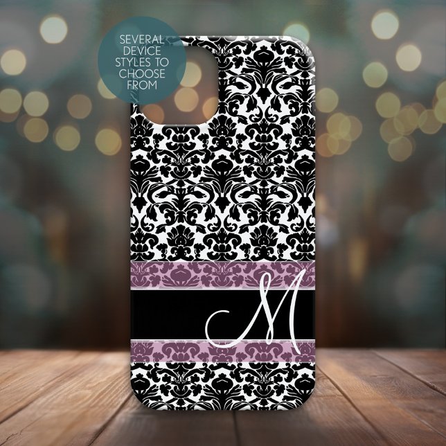 Black and White Damask Pattern with Monogram Case-Mate iPhone Case (Personalized Phone Case - Many Device Styles to Choose From)