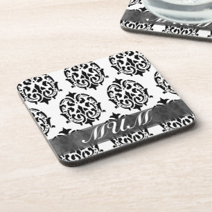 Black and white damask personalised mum coaster