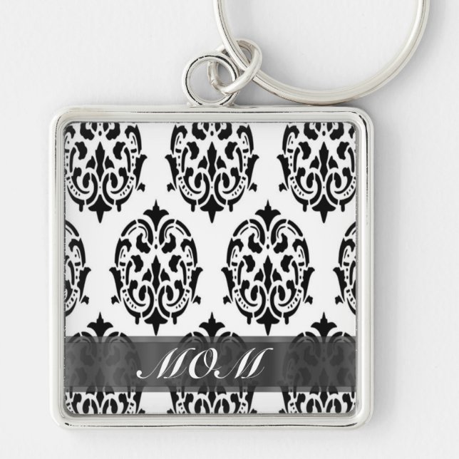 Black and white damask personalised mum key ring (Front)