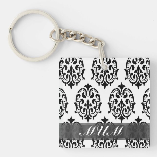 Black and white damask personalised mum key ring (Front)