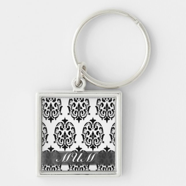 Black and white damask personalised mum key ring (Front)