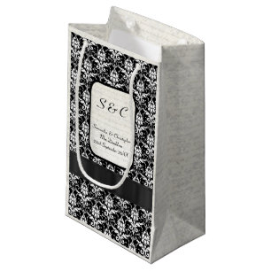 Black and white damask personalised wedding small gift bag