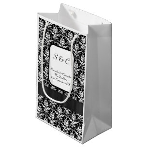 Black and white damask personalised wedding small gift bag