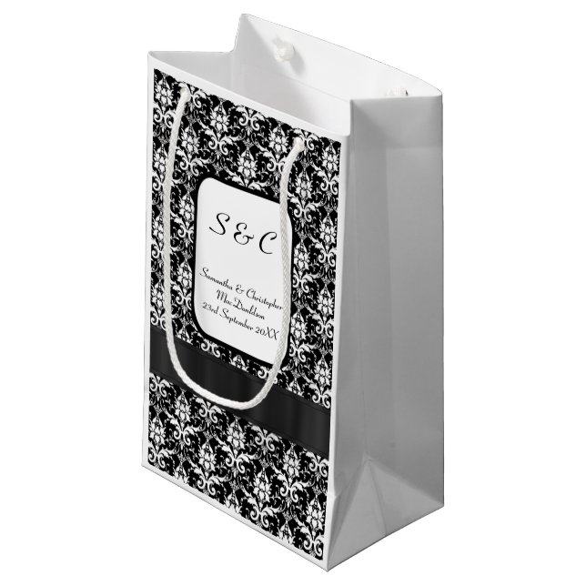 Black and white damask personalised wedding small gift bag (Front Angled)