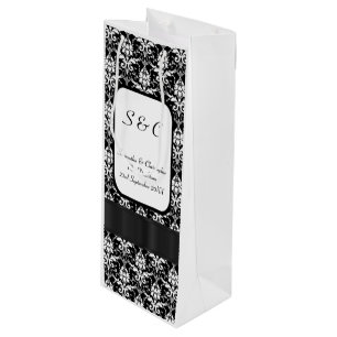 Black and white damask personalised wedding wine gift bag