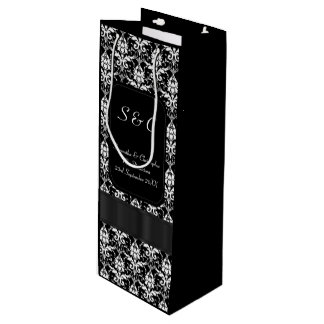 Black and white damask personalised wedding wine gift bag