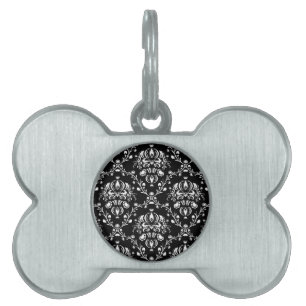 Black and White Damask Pet Name Tag