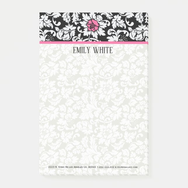 Black And White Damask Pink Flower Post-it Notes (Front)