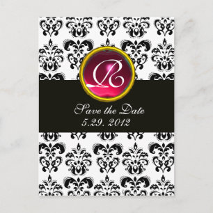 BLACK AND WHITE DAMASK Pink Red Ruby Monogram Announcement Postcard